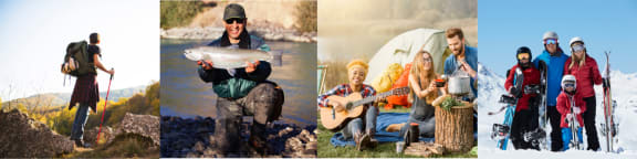 A collage of four images depicting outdoor activities such as hiking, fishing, camping, and skiing. at Yellowstone Landing, Montana