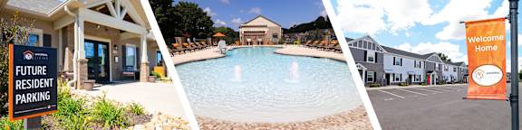 A collage of images from a Universal Living community, including a welcome sign, a pool, and a row of houses.