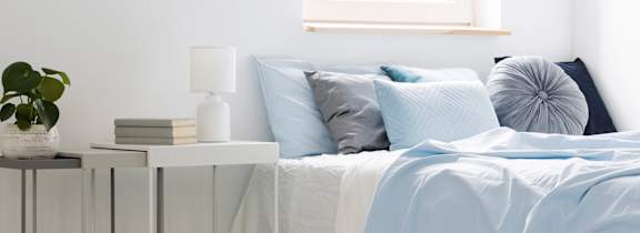A bed with blue pillows and a blue blanket is in the foreground with a white nightstand holding a plant, books, and a lamp.