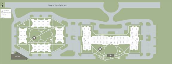 A map of Cola Welch Parkway with various buildings and pathways.