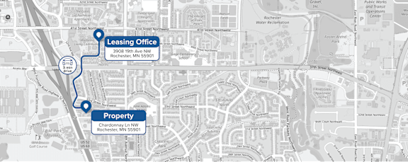 A map shows a route from a leasing office to a property.