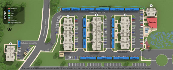 a site plan of a parking lot with several buildings and cars at Telka Apartments, Silverdale, Washington, 98383
