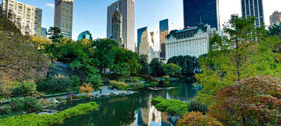 A serene park with a lake and trees in the foreground and a city skyline in the background.
