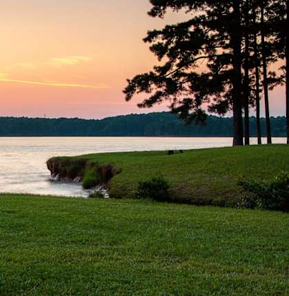a view of a lake at sunset with grass and trees
