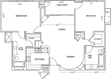 Two Bedroom Floor Plan at Toluca Court, California, 91602