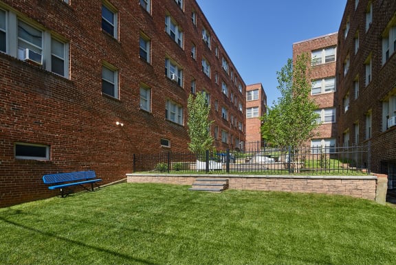the yard of a building with a green lawn and a blue bench
