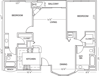 Two Bed Two Bath Floor Plan at Toluca Court, Toluca Lake, California