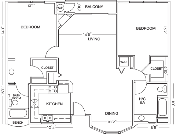 Two Bed Two Bath Floor Plan at Toluca Court, Toluca Lake, California