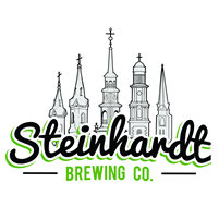 A logo for Steinhardt Brewing Co. with a background of church steeples.