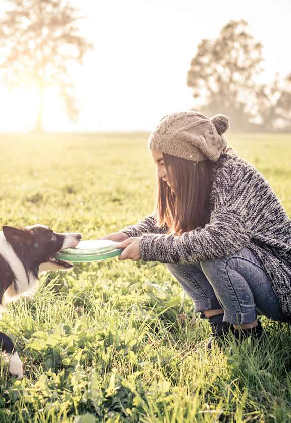 A woman is playing frisbee with a dog in a field.