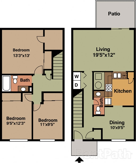 3 BR 1.5 Bath Townhome Floor Plan at Country Lake Townhomes, Indiana, 46229