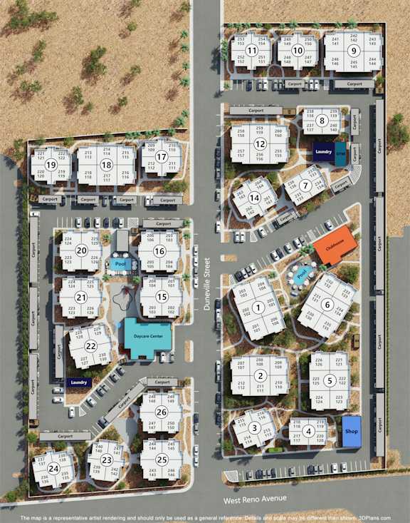 A map shows a layout of apartment buildings with their respective numbers.