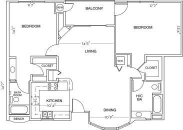 Two Bedroom Two Bathroom Floor Plan at Toluca Court, California