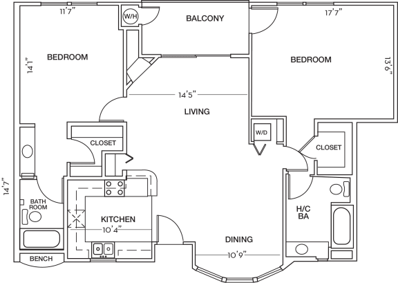 Two Bedroom Two Bathroom Floor Plan at Toluca Court, California
