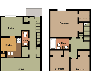 3 Bedroom Townhome Floor Plan at Lake Camelot Apartments, Indiana, 46268