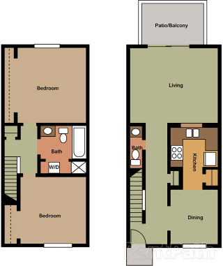2 Bedroom Townhome Floor Plan at Lake Camelot Apartments, Indiana