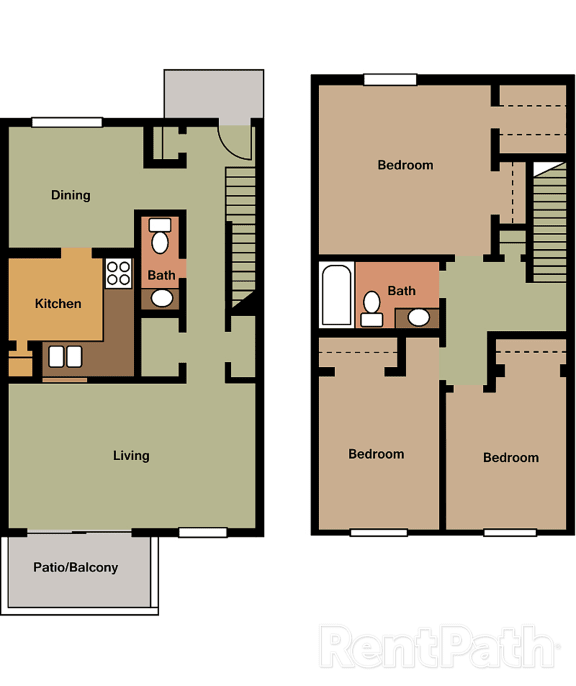 3 Bedroom Townhome Floor Plan at Lake Camelot Apartments, Indiana, 46268