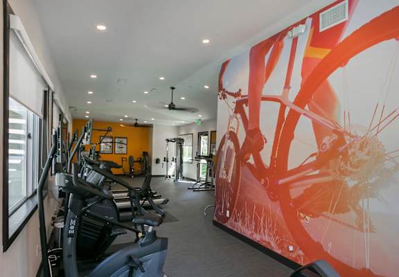 A gym with a row of treadmills and a wall mural of a bicycle wheel.