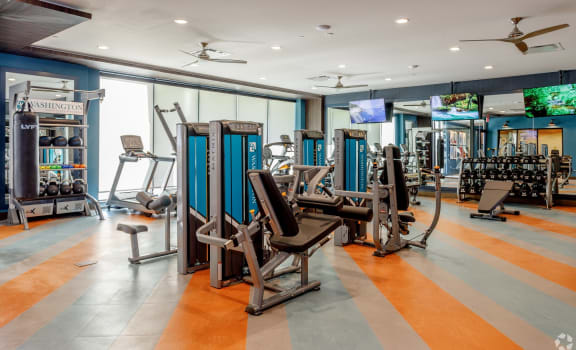 a gym with weights and cardio equipment in a hotel gym at 44 Washington, Kansas City, MO