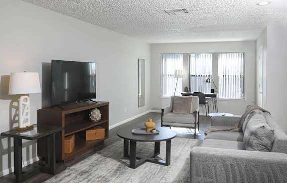 an apartment living room with a couch and a tv
