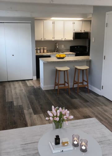 a living room with a kitchen in the background