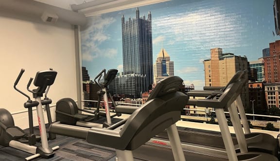 a gym with a view of the city at Residences at South High, Pittsburgh Pennsylvania
