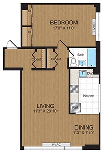 One Bedroom 1C1 Floorplan at Connecticut Park Apartments