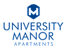 A black and white image of the University Manor Apartments logo.