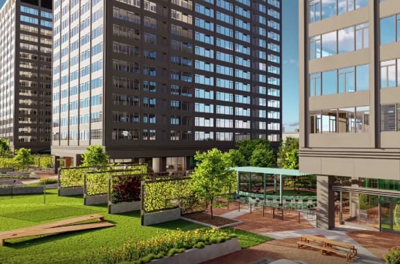 a rendering of a courtyard in front of a tall building