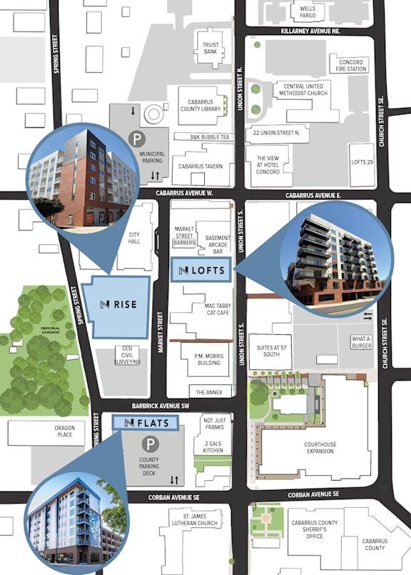 Illustrated map of downtown Concord, North Carolina, highlighting the three NOVI buildings.