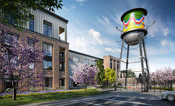 an artist rendering of a water tower in front of a building at Link Apartments® Broad Ave, Memphis, Tennessee