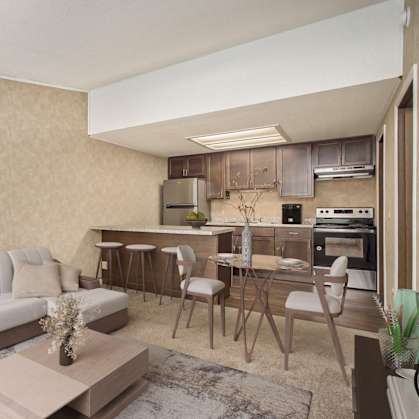a rendering of a living room with a kitchen