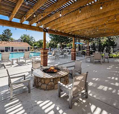 the reserve at bucklin hill patio with fire pit and pool