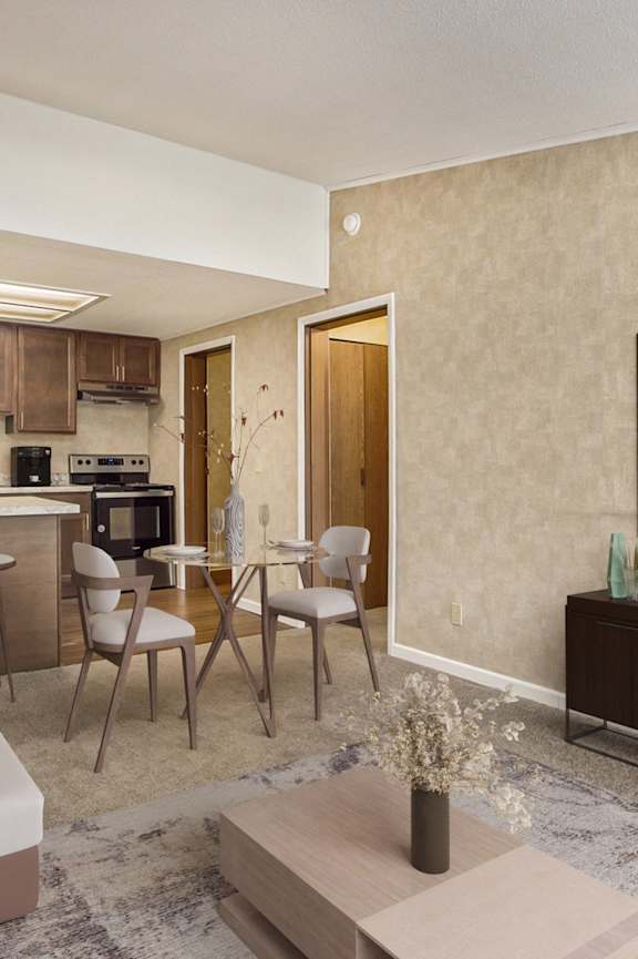 a rendering of a living room with a kitchen and a dining room