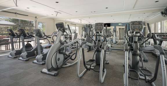 A gym with a row of stationary bikes.