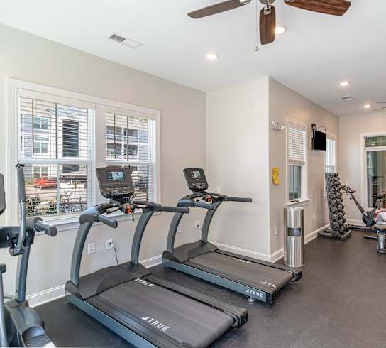 two treadmills and other exercise equipment in a home gym with windows