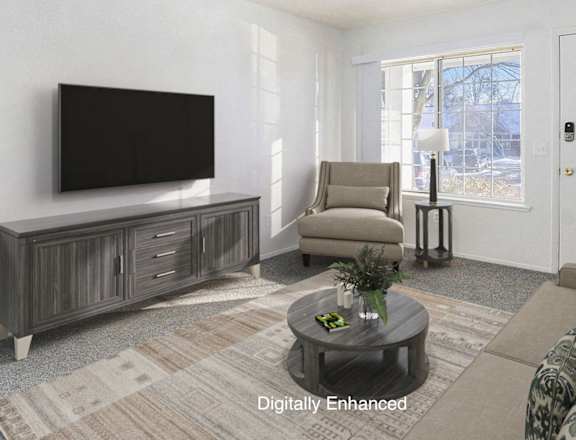 A living room with a grey sofa, a television, and a coffee table.
