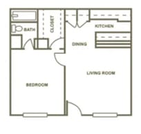 A black and white image of a floor plan for a 1 bedroom, 1 bathroom apartment.