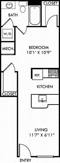 The Holly. Studio apartment. Kitchen with bartop open to living room. 1 full bathroom. Two walk-in closets.