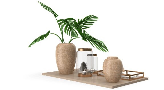 A green plant sits in a tan vase on a tan shelf with two other vases.