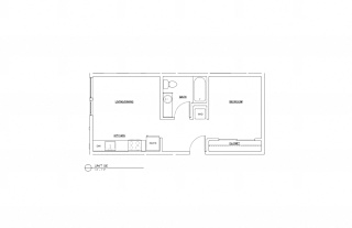 Jr. 1 bed 1 bath, 561 sq. ft.  (units # 210, 310, 410)