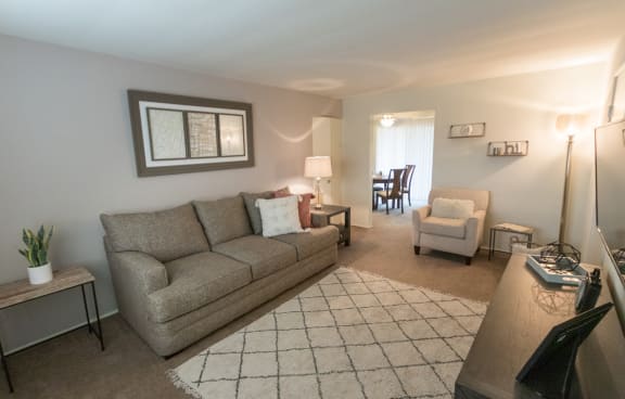 This is a photo of the living room of the 1 bedroom, 631 square foot model apartment at Lake of the Woods Apartments in Cincinnati, OH.