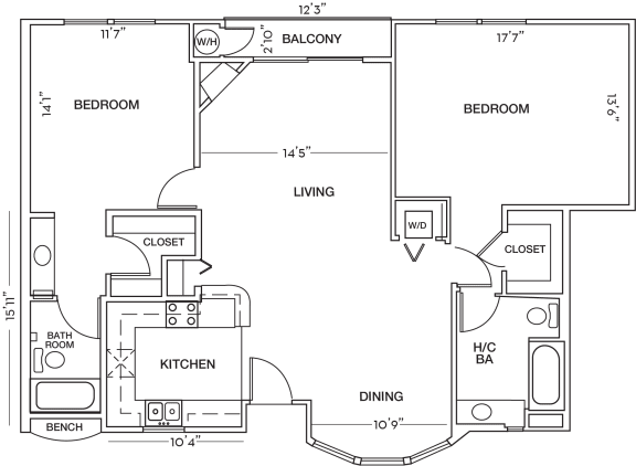 2 Bed Floor Plan at Toluca Court, Toluca Lake, 91602