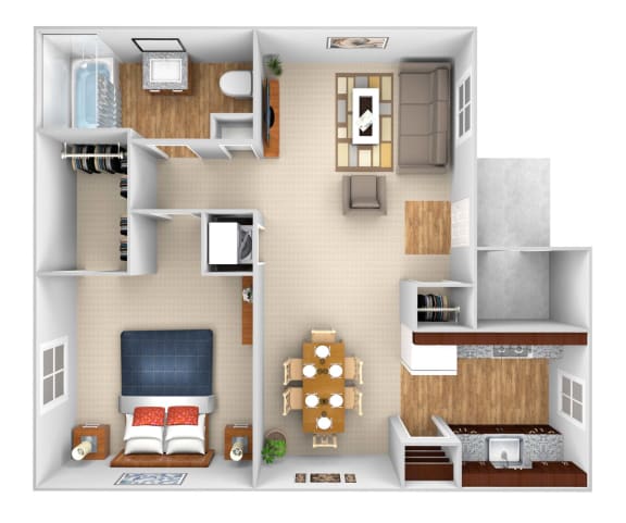 Floor Plan  1 Bedroom 1 Bath Floor Plan at Evangeline Village Apartment Homes, Lafayette, Louisiana