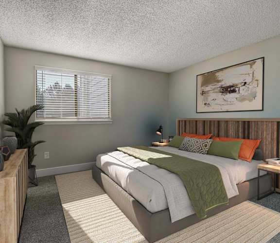 a bedroom with a bed and a window