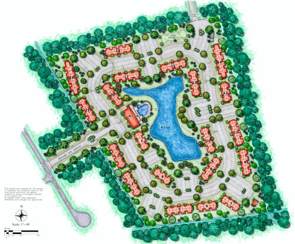 a map of a development with a blue river and buildings