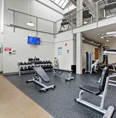 A gym with treadmills and exercise equipment.