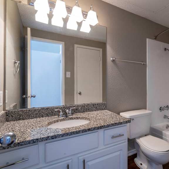 a bathroom with a sink toilet and tub and a mirror