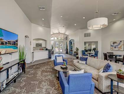 a living room with couches and chairs and a tv