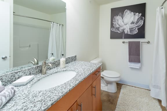 A bathroom with a grey granite counter top and a white toilet.